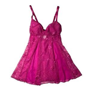 Fredericks Of Hollywood Women's Lace Babydoll Slip Dress Medium Fuchsia Pink